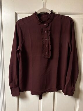 LOFT Ruffled Collar Blouse in Deep Plum Red long sleeve mock neck button front